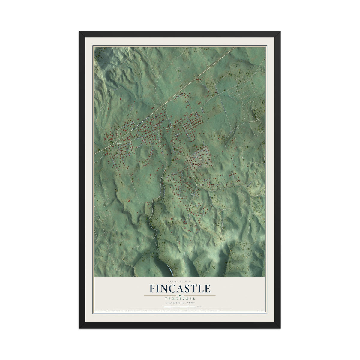 Map of Fincastle, Tennessee, 12 x 18 inch print in a black wood frame