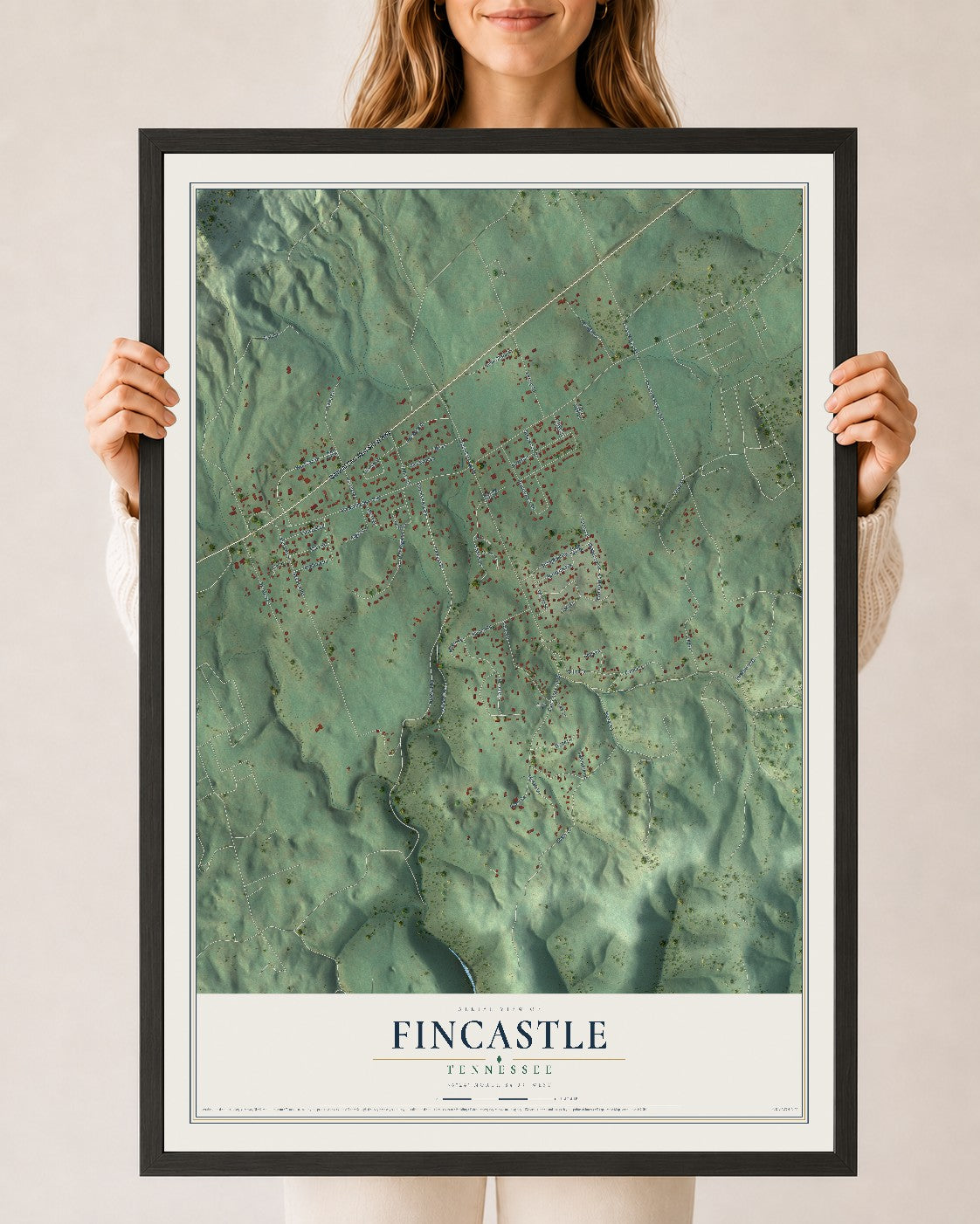 Map of Fincastle, Tennessee, 24 x 36 inch print in a black wood frame