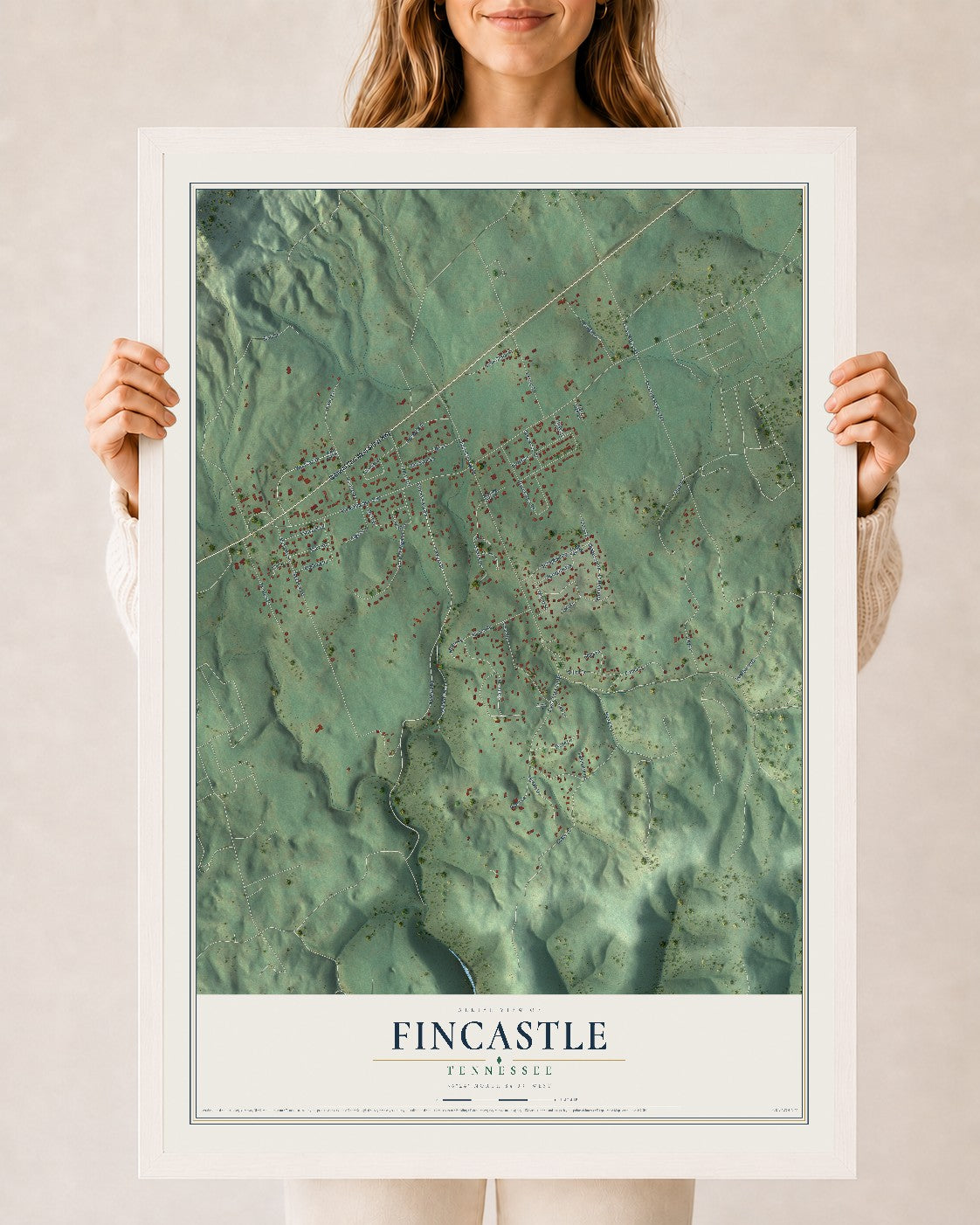 Map of Fincastle, Tennessee, 24 x 36 inch print in a white wood frame