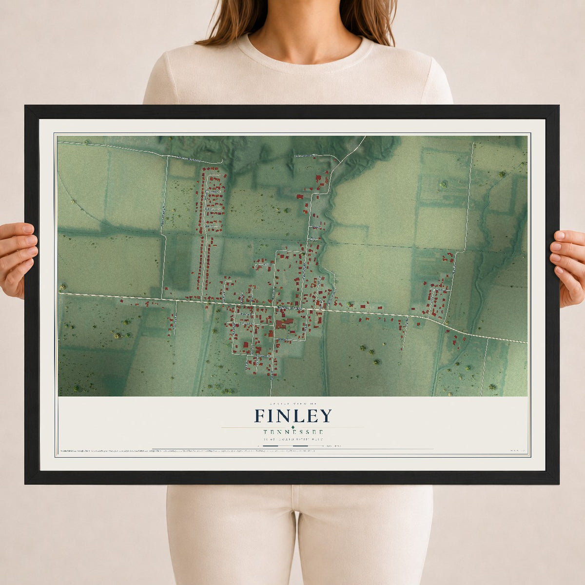 Map of Finley, Tennessee, 18 x 24 inch print in a black wood frame