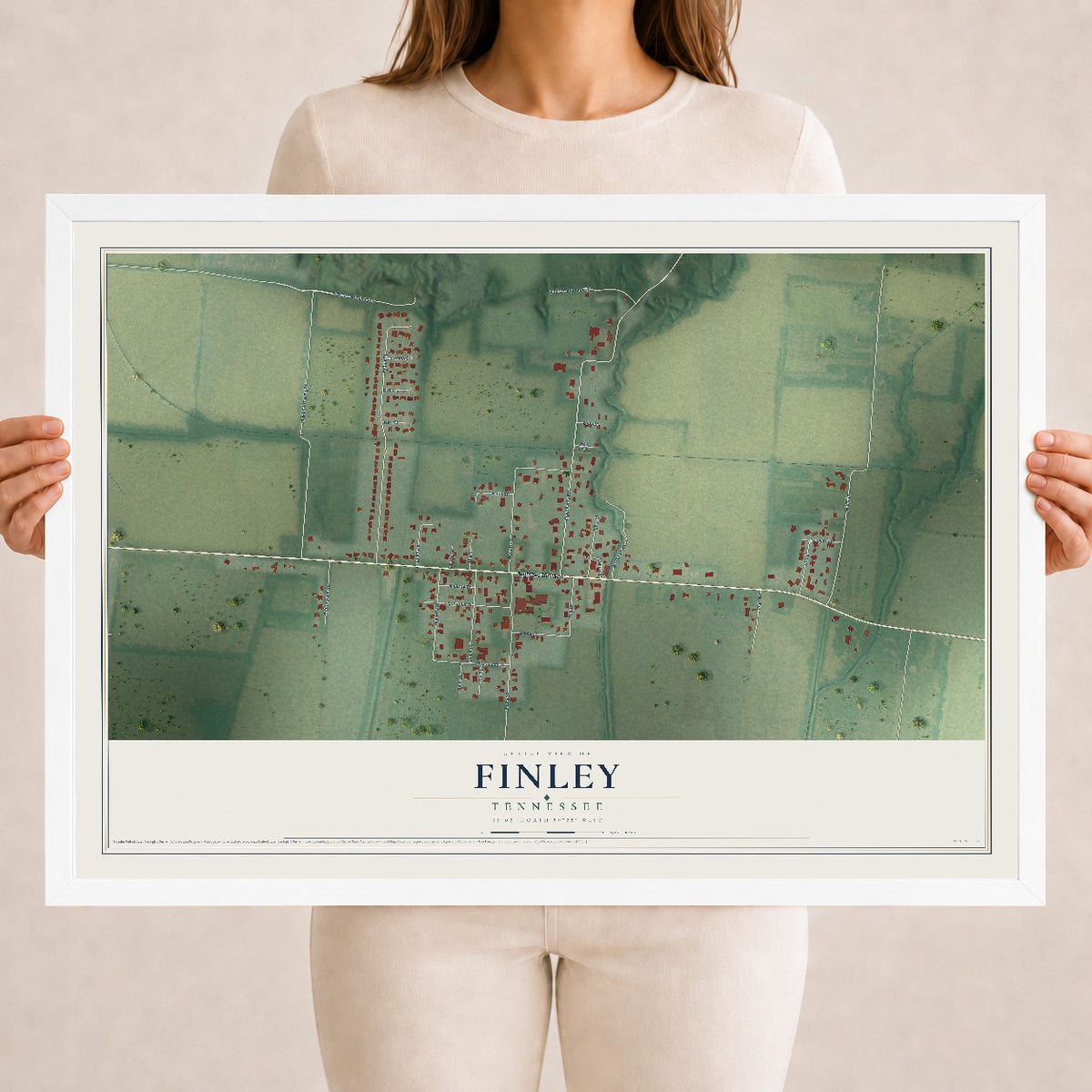 Map of Finley, Tennessee, 18 x 24 inch print in a white wood frame