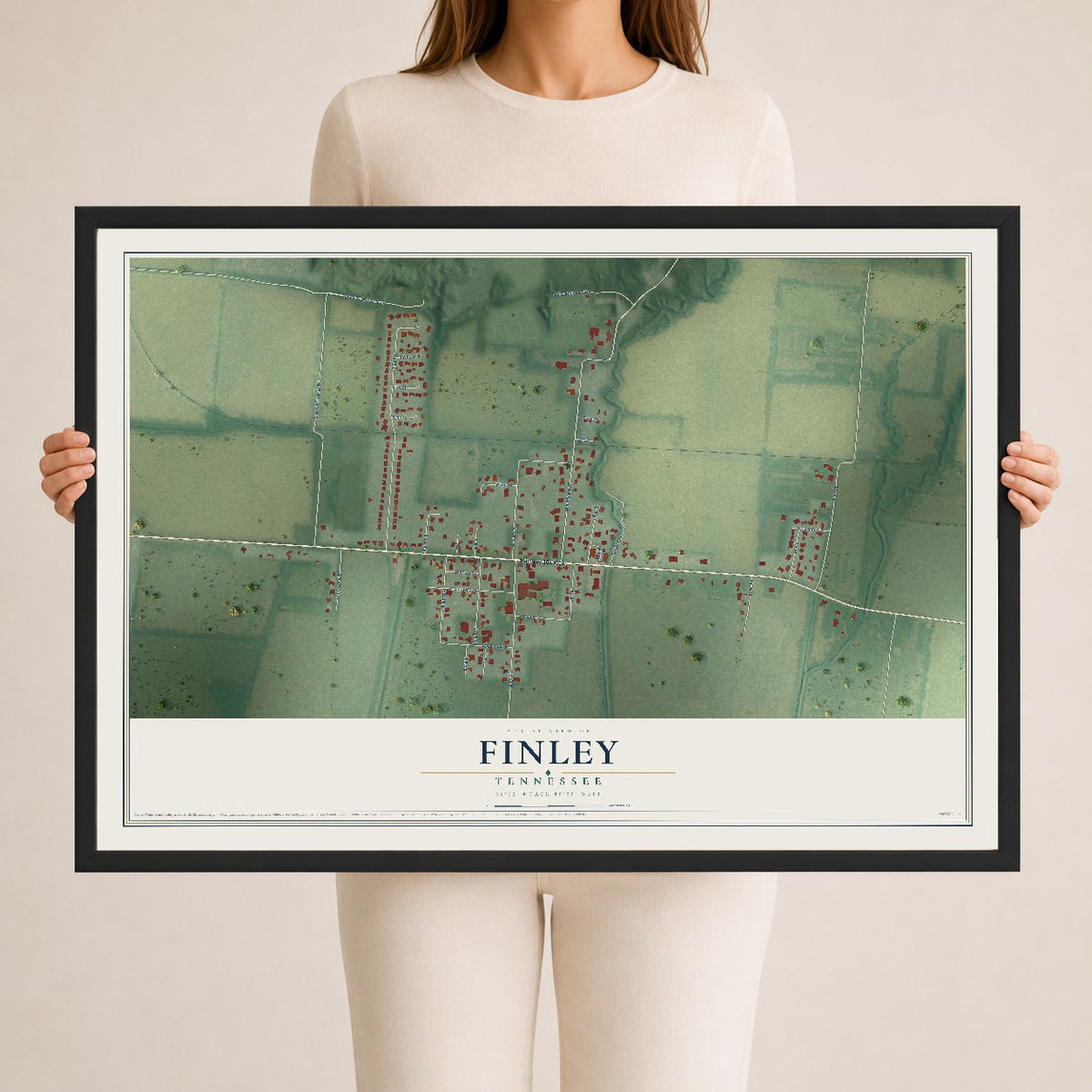 Map of Finley, Tennessee, 24 x 36 inch print in a black wood frame