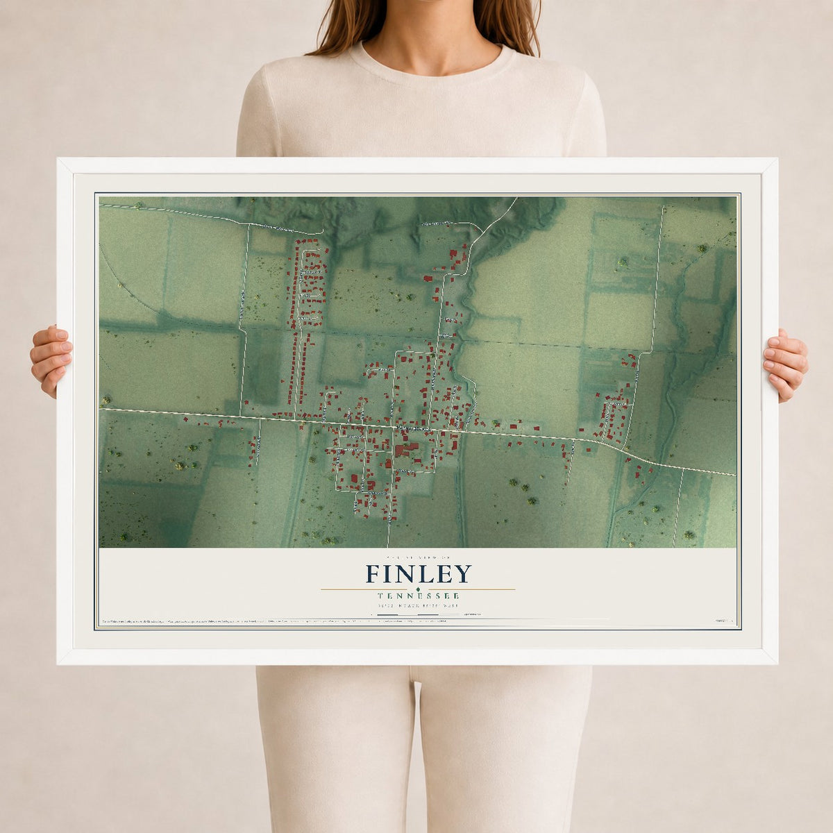 Map of Finley, Tennessee, 24 x 36 inch print in a white wood frame