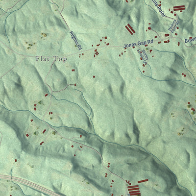 Close-up of the map of Flat Top Mountain, Tennessee print showing street and building detail
