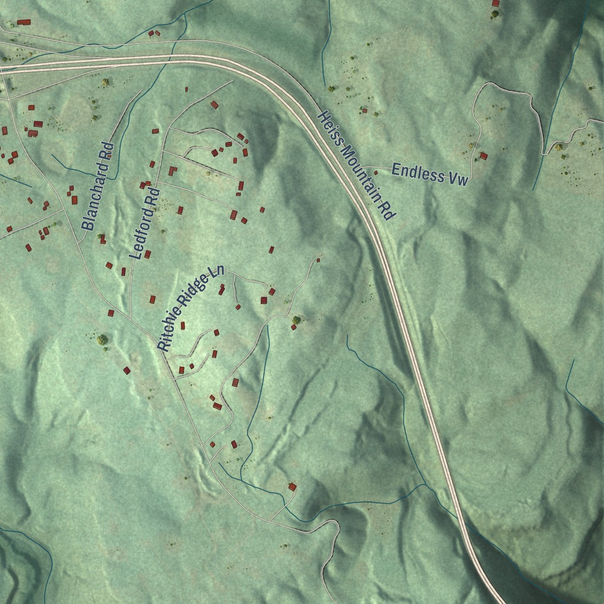 Second close-up of the map of Flat Top Mountain, Tennessee print showing more streets and buildings
