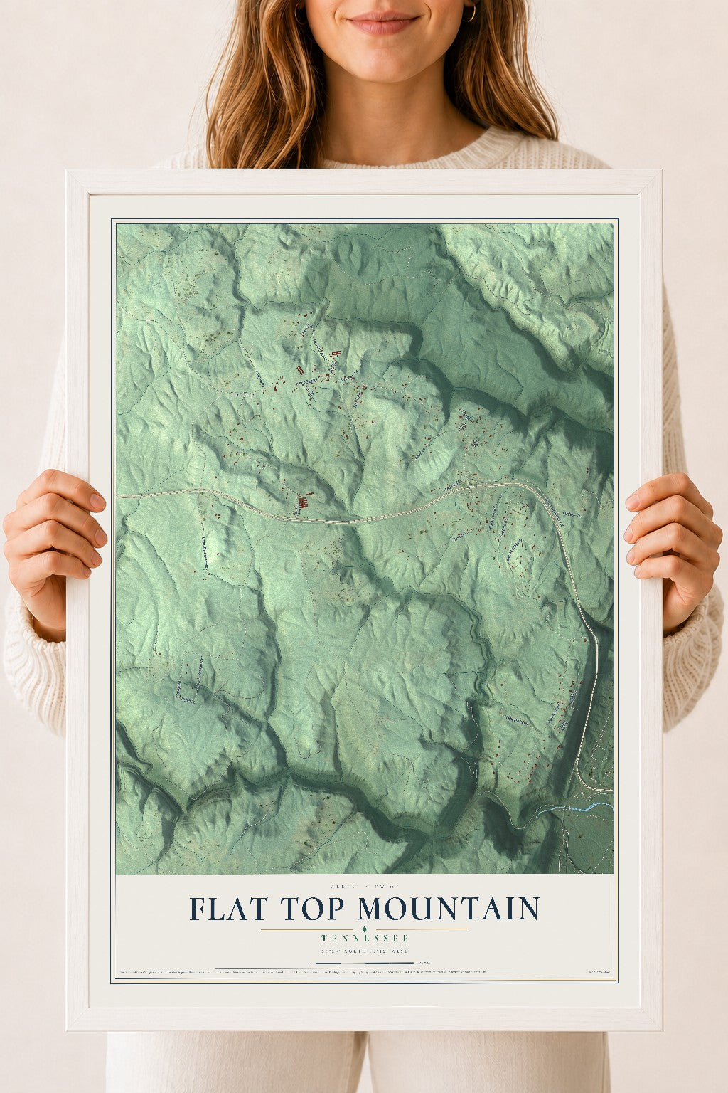 Map of Flat Top Mountain, Tennessee, 18 x 24 inch print in a white wood frame