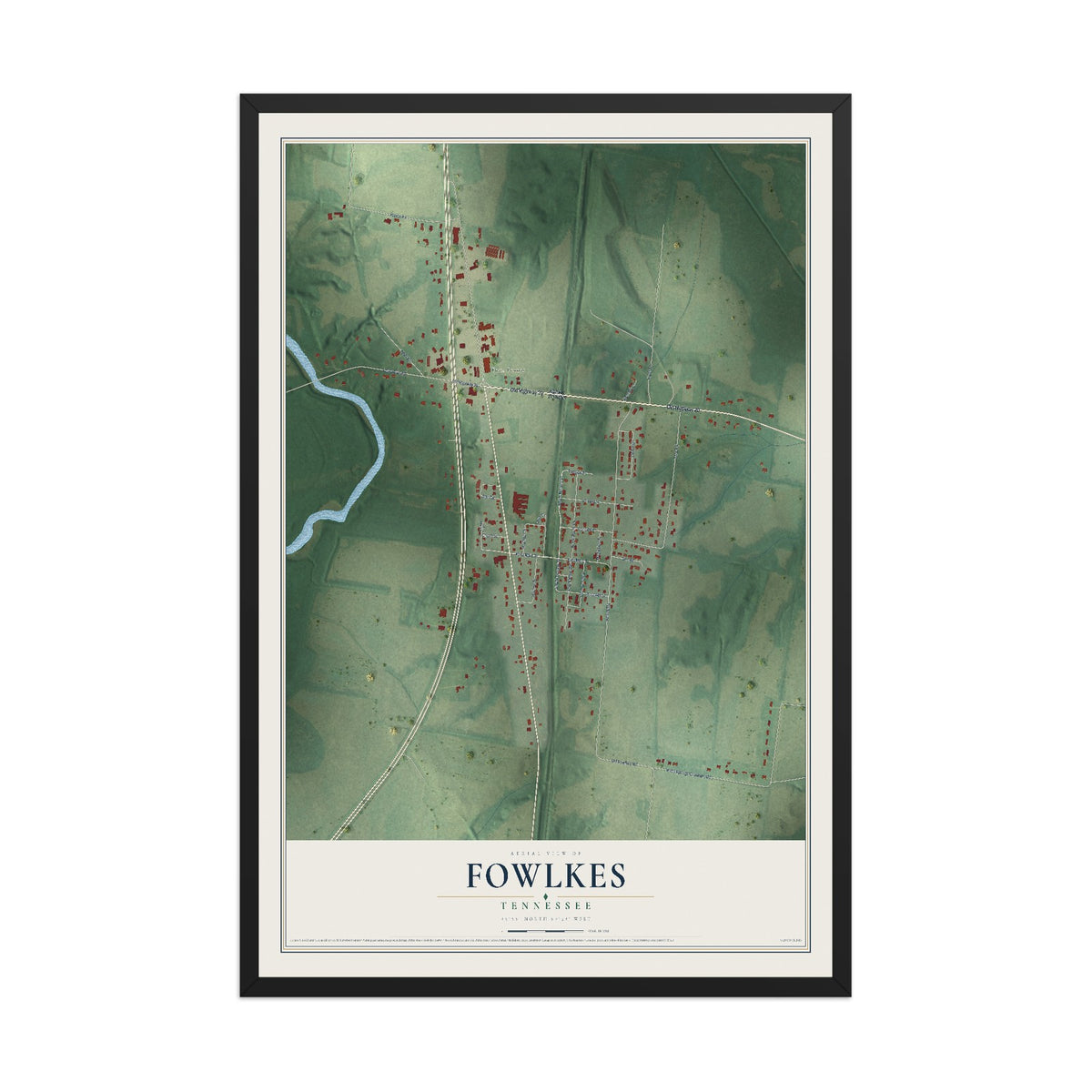 Map of Fowlkes, Tennessee, 12 x 18 inch print in a black wood frame