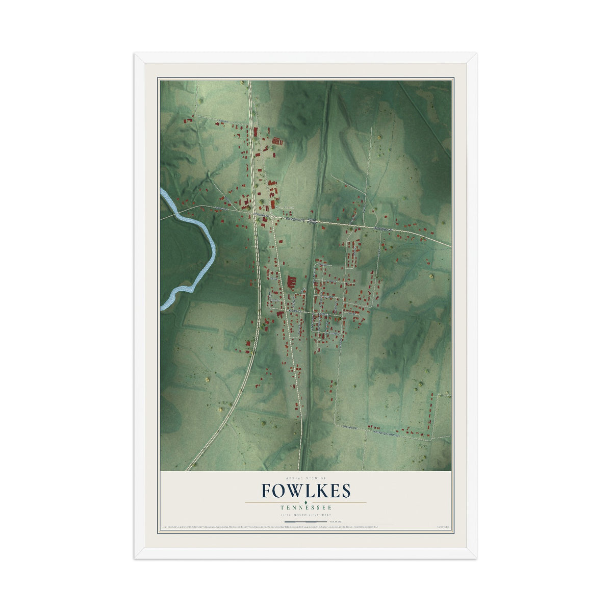 Map of Fowlkes, Tennessee, 12 x 18 inch print in a white wood frame