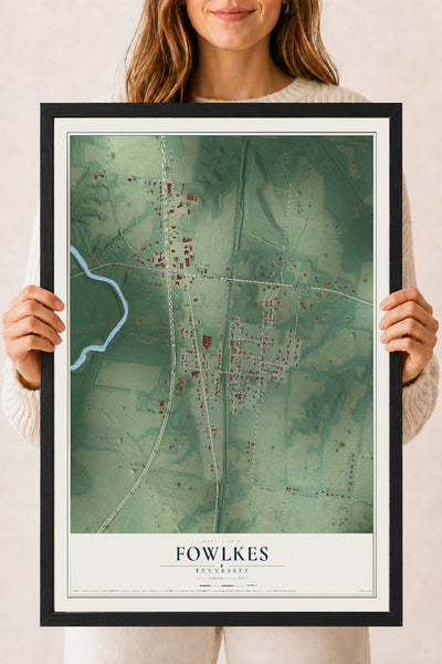 Map of Fowlkes, Tennessee, 18 x 24 inch print in a black wood frame