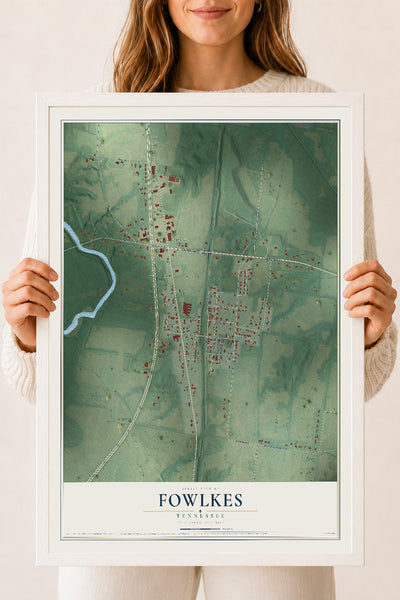 Map of Fowlkes, Tennessee, 18 x 24 inch print in a white wood frame