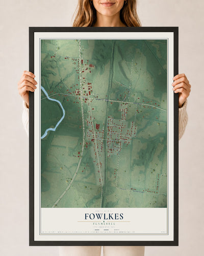 Map of Fowlkes, Tennessee, 24 x 36 inch print in a black wood frame