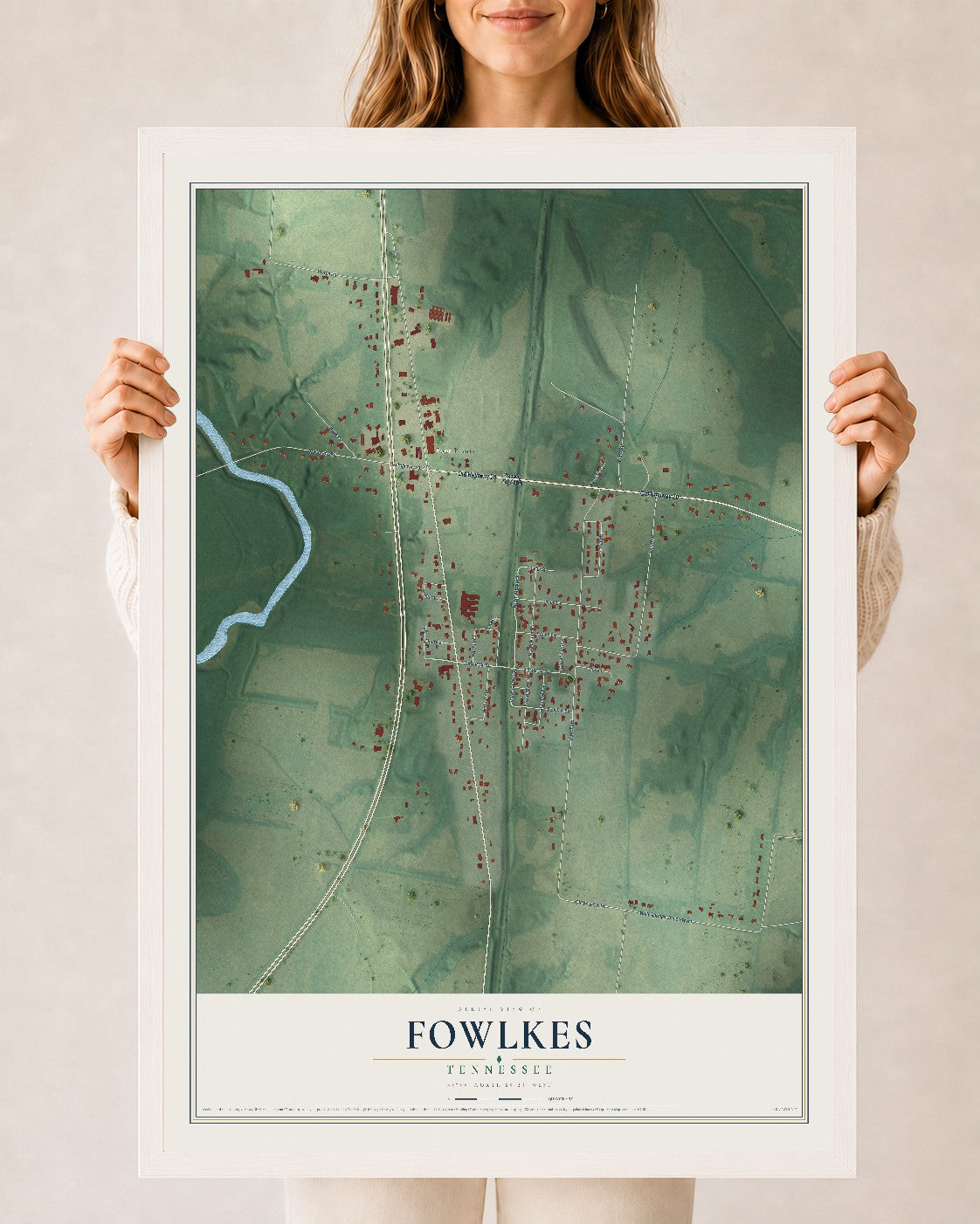 Map of Fowlkes, Tennessee, 24 x 36 inch print in a white wood frame