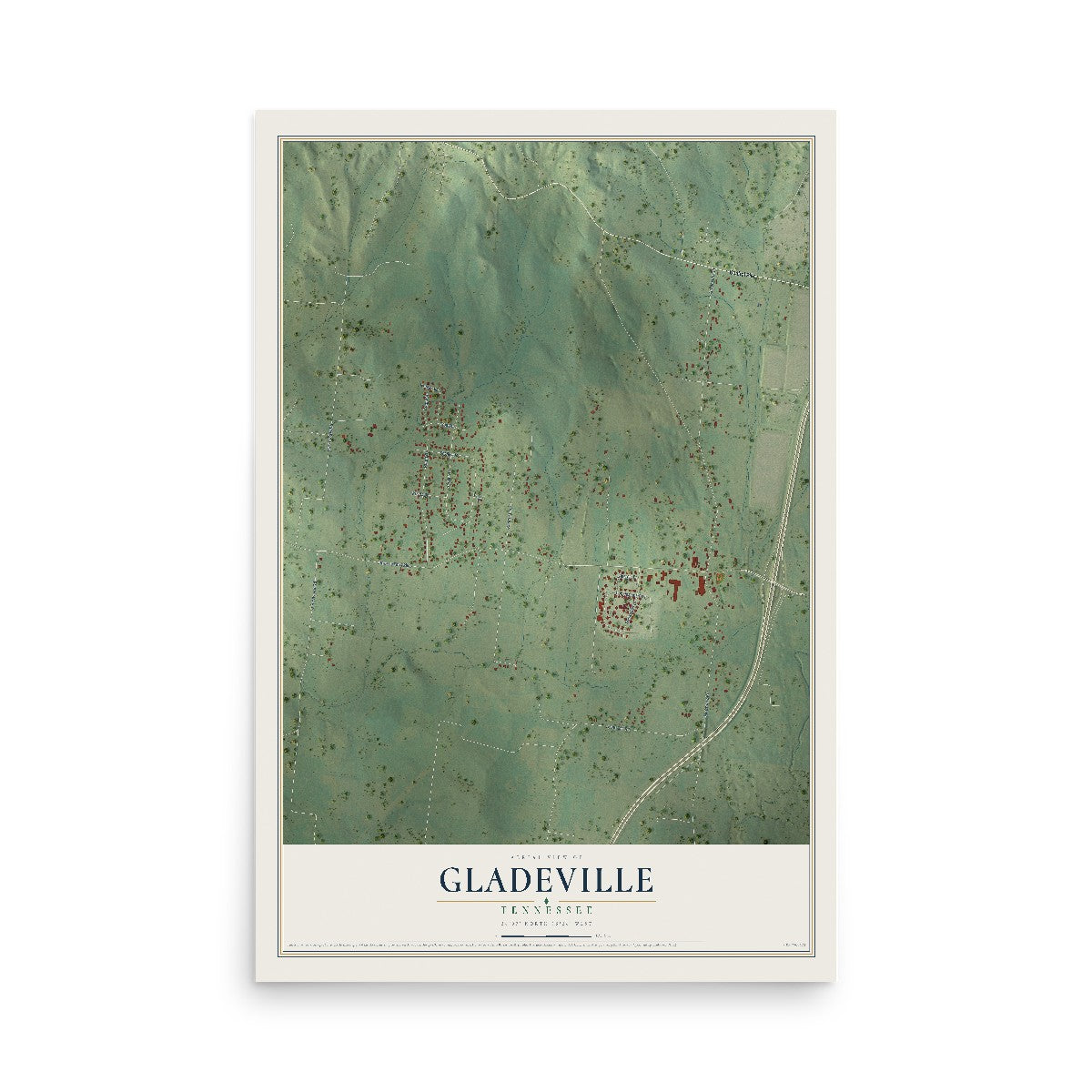 Map of Gladeville, Tennessee, 12 x 18 inch unframed archival matte print