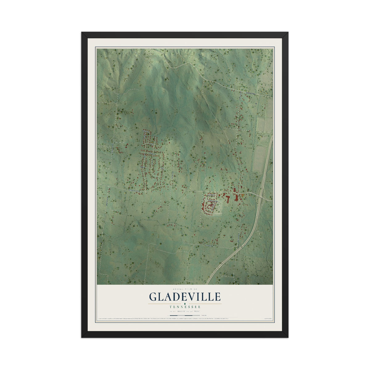 Map of Gladeville, Tennessee, 12 x 18 inch print in a black wood frame