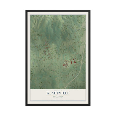 Map of Gladeville, Tennessee, 12 x 18 inch print in a black wood frame