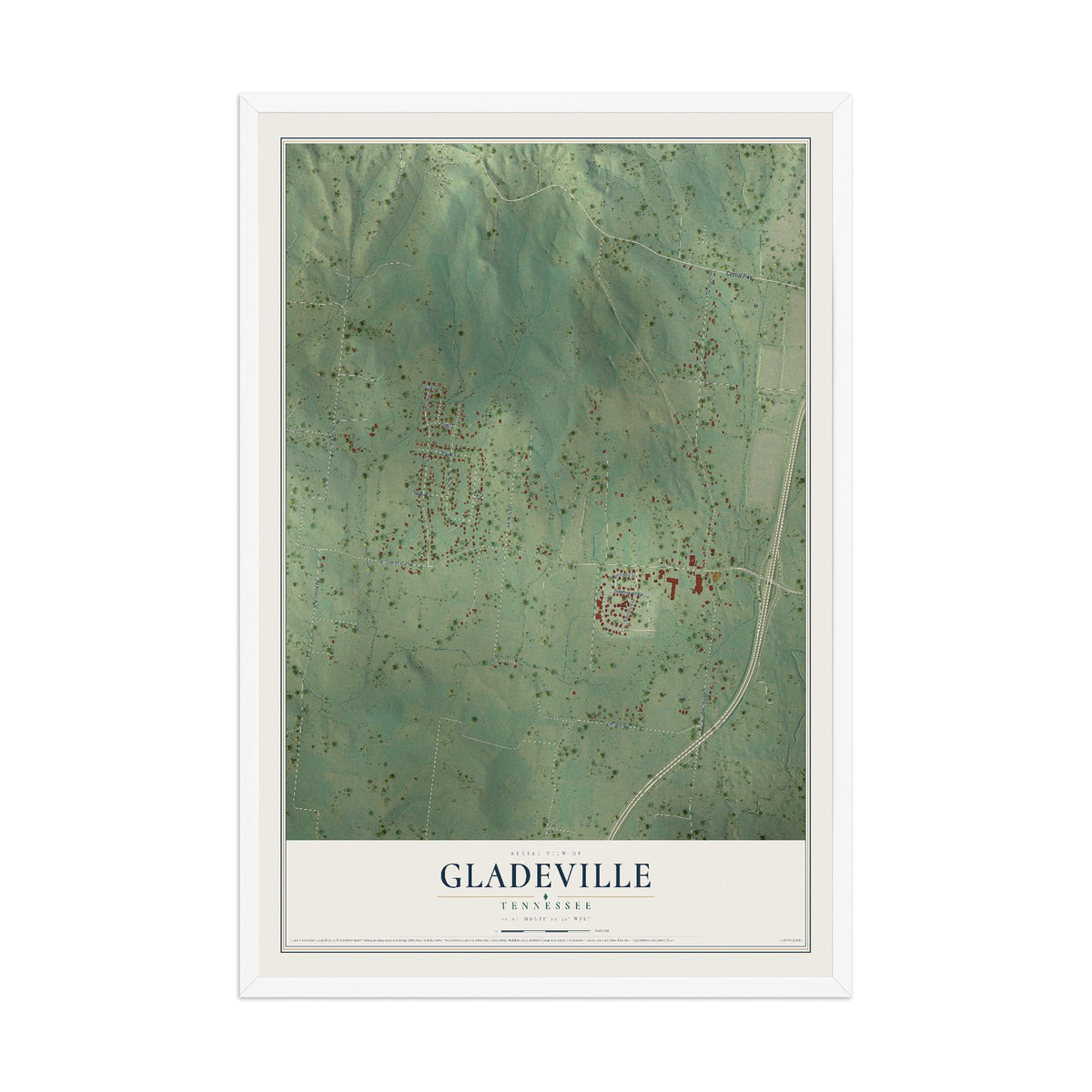 Map of Gladeville, Tennessee, 12 x 18 inch print in a white wood frame