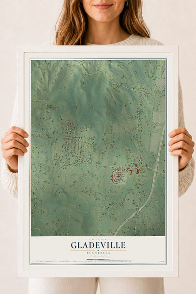 Map of Gladeville, Tennessee, 18 x 24 inch print in a white wood frame