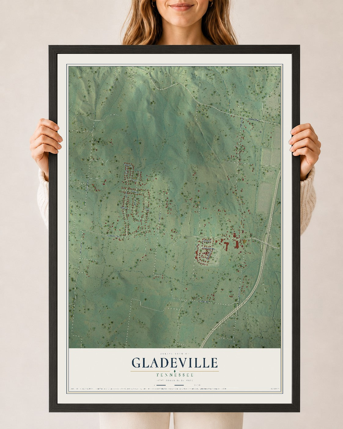 Map of Gladeville, Tennessee, 24 x 36 inch print in a black wood frame