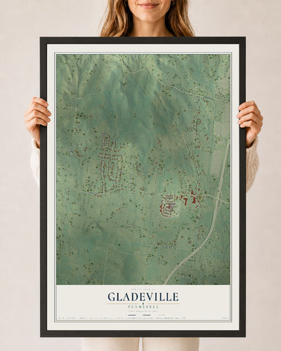 Map of Gladeville, Tennessee, 24 x 36 inch print in a black wood frame