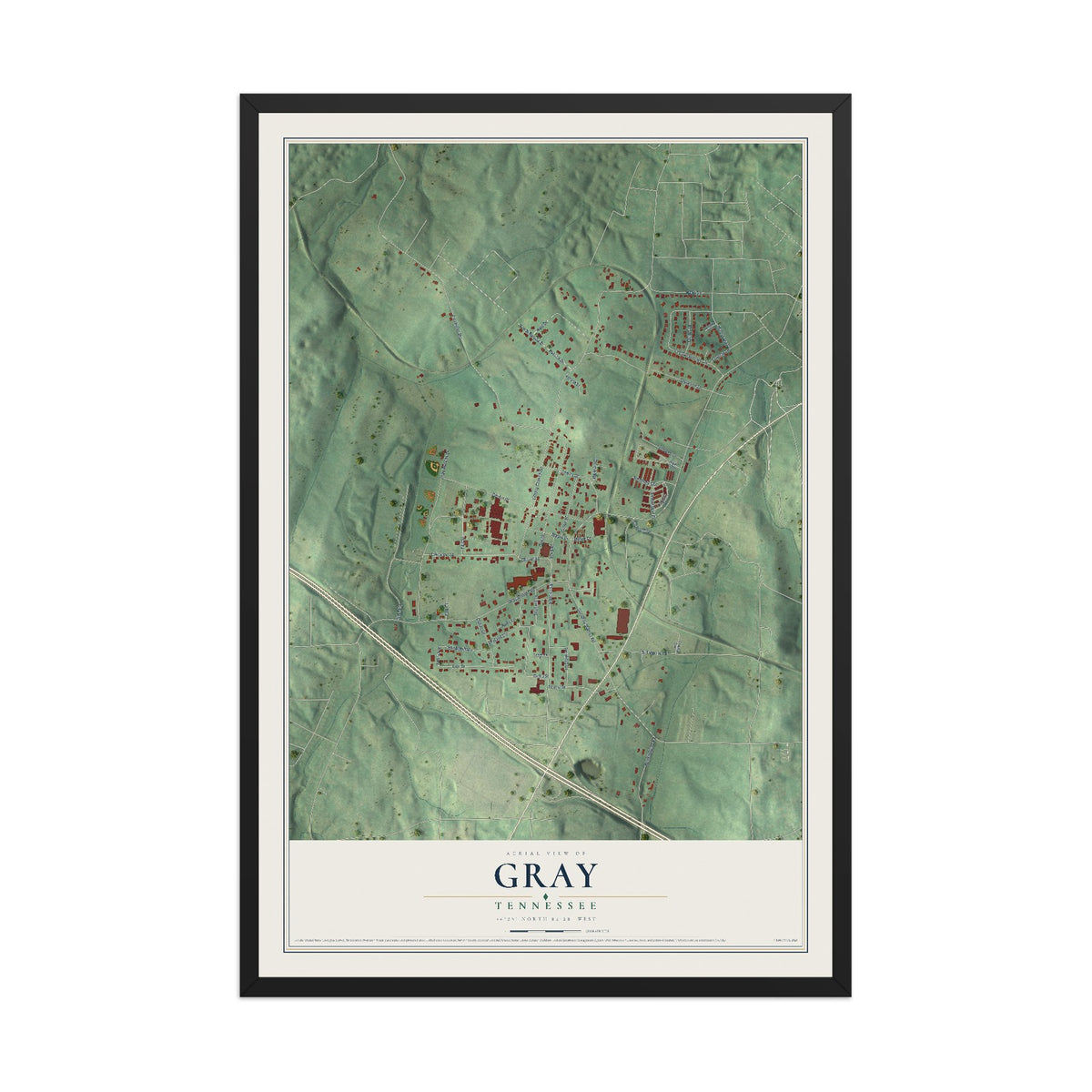 Map of Gray, Tennessee, 12 x 18 inch print in a black wood frame