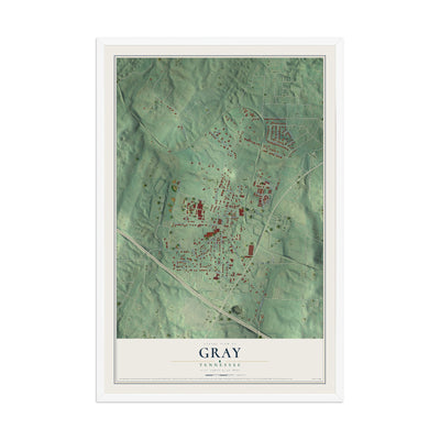 Map of Gray, Tennessee, 12 x 18 inch print in a white wood frame