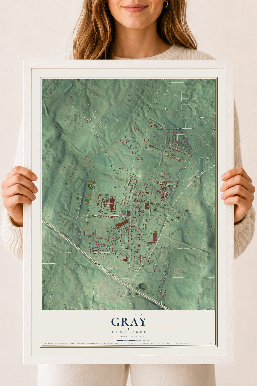 Map of Gray, Tennessee, 18 x 24 inch print in a white wood frame