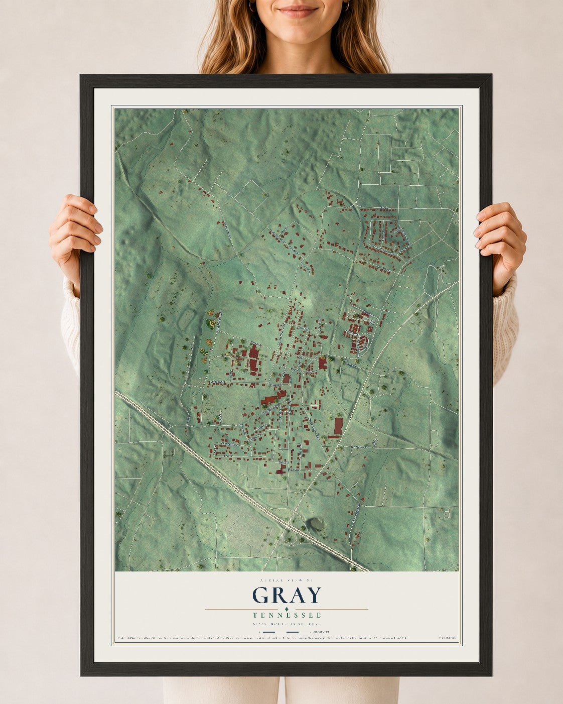 Map of Gray, Tennessee, 24 x 36 inch print in a black wood frame