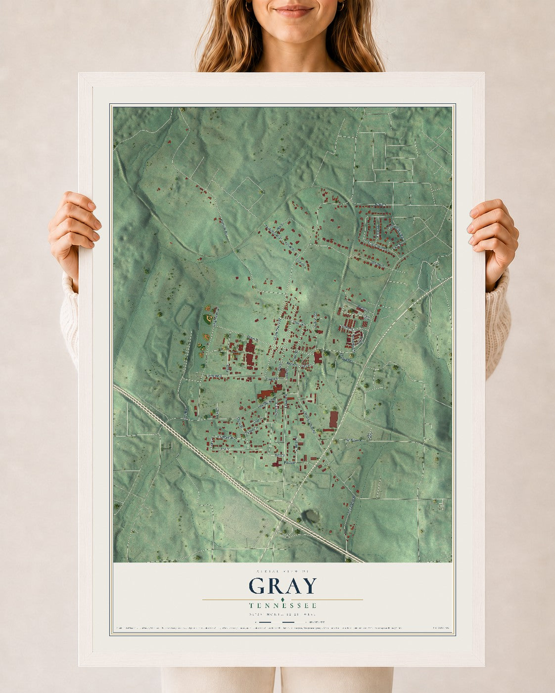 Map of Gray, Tennessee, 24 x 36 inch print in a white wood frame