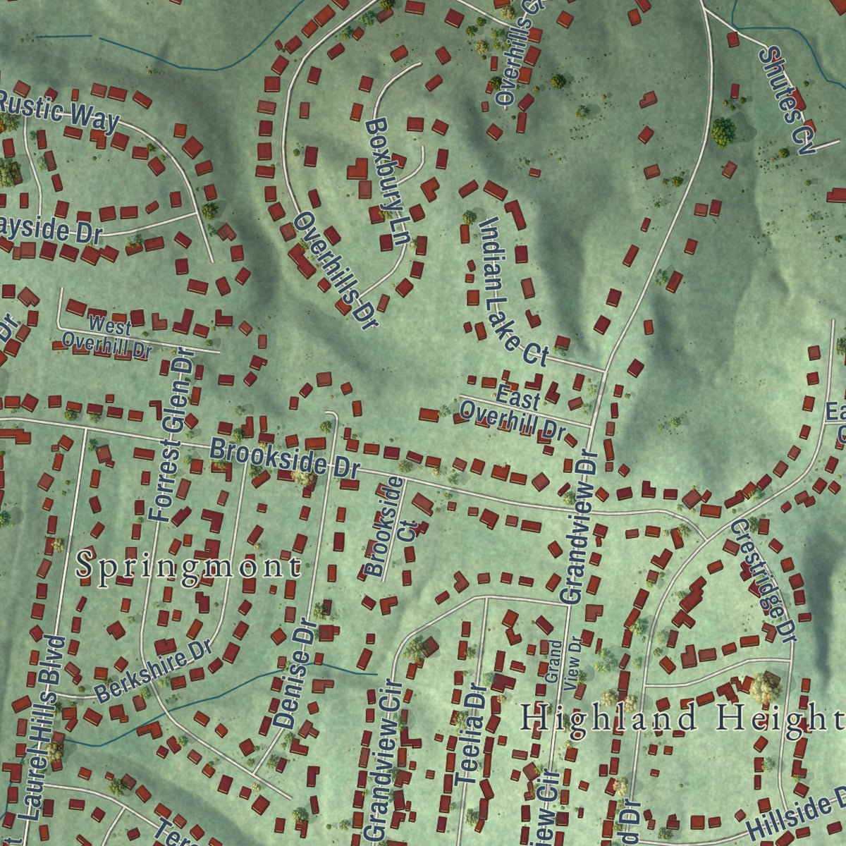 Close-up of the map of Green Hill, Tennessee print showing street and building detail