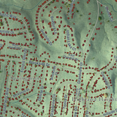 Close-up of the map of Green Hill, Tennessee print showing street and building detail
