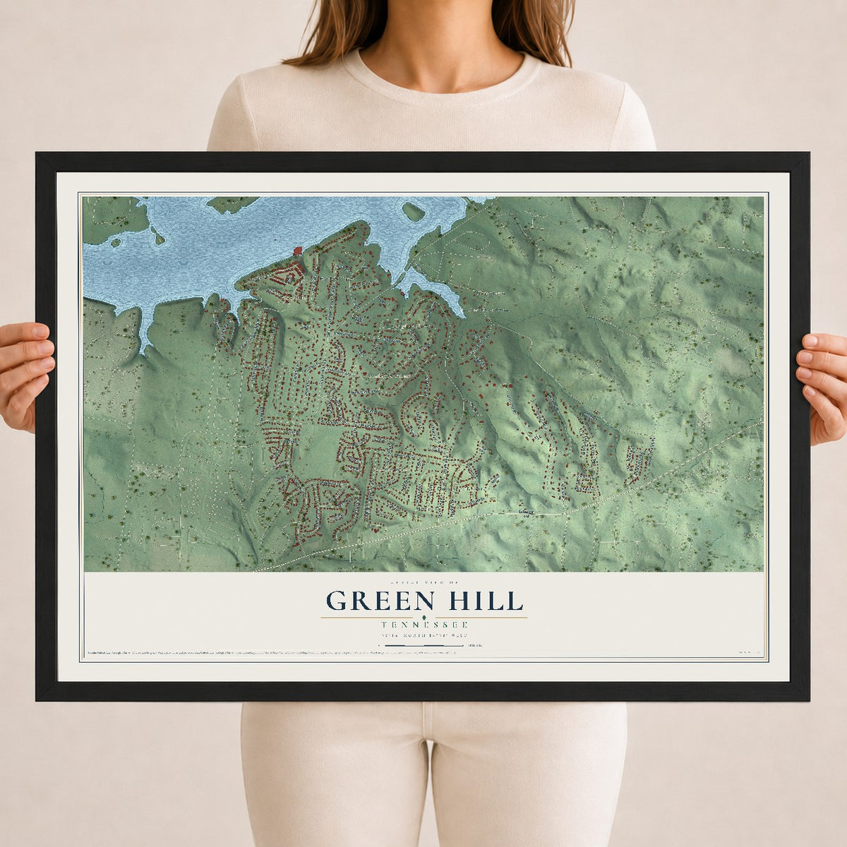 Map of Green Hill, Tennessee, 18 x 24 inch print in a black wood frame
