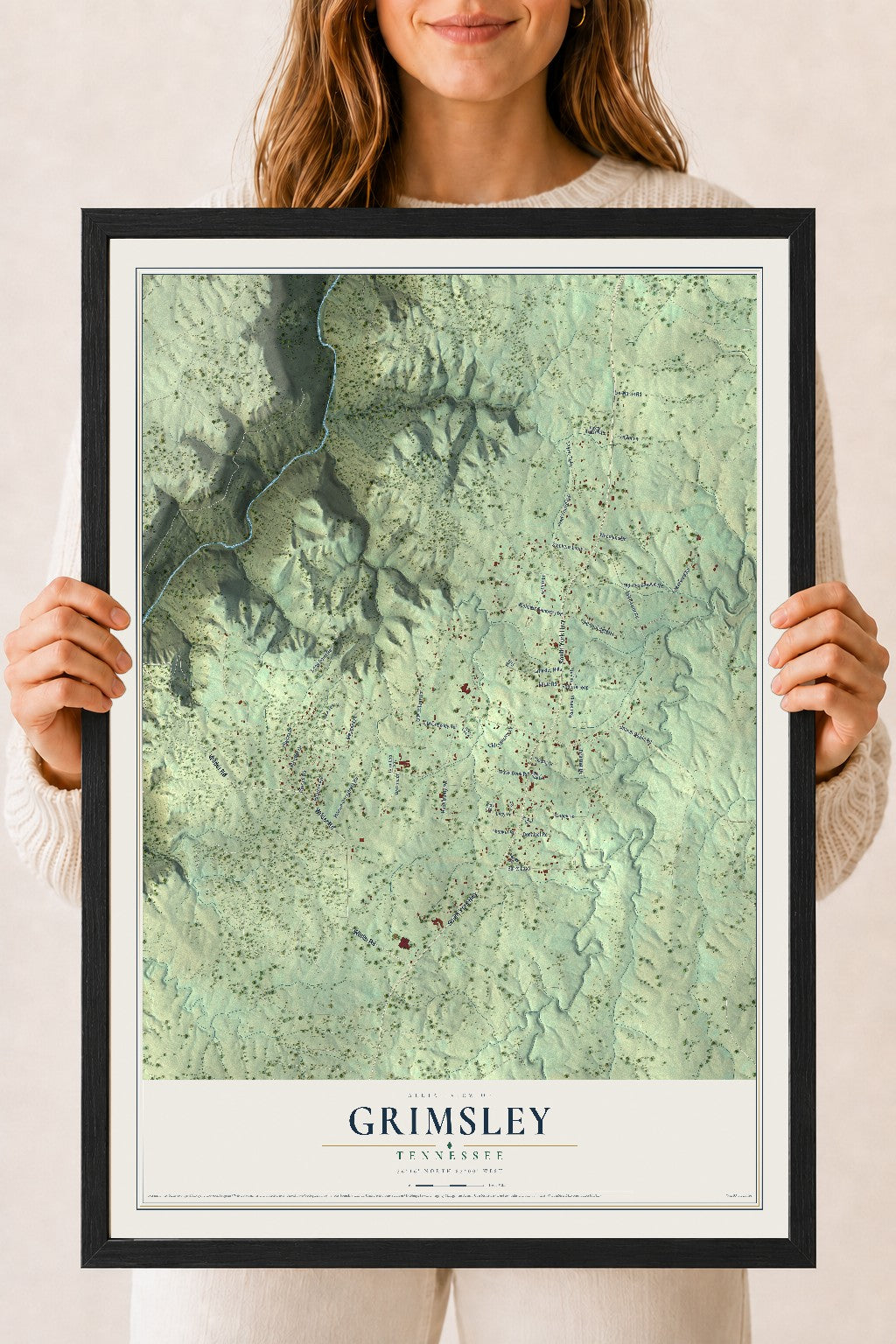 Map of Grimsley, Tennessee, 18 x 24 inch print in a black wood frame