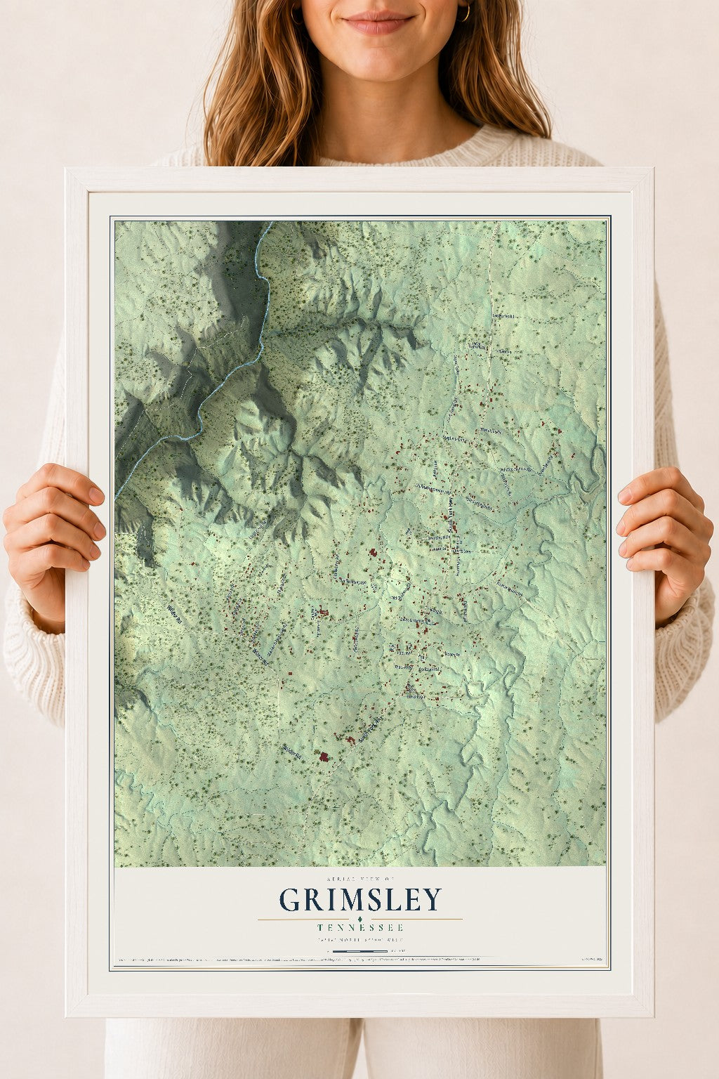 Map of Grimsley, Tennessee, 18 x 24 inch print in a white wood frame
