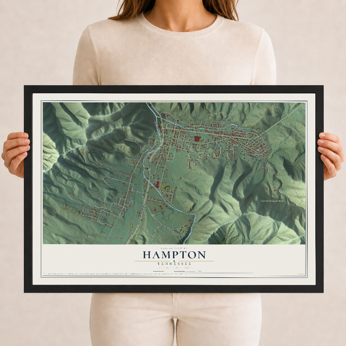 Map of Hampton, Tennessee, 12 x 18 inch print in a black wood frame