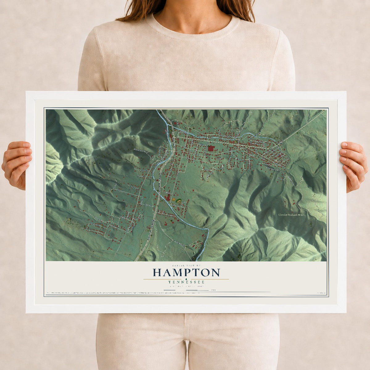 Map of Hampton, Tennessee, 12 x 18 inch print in a white wood frame