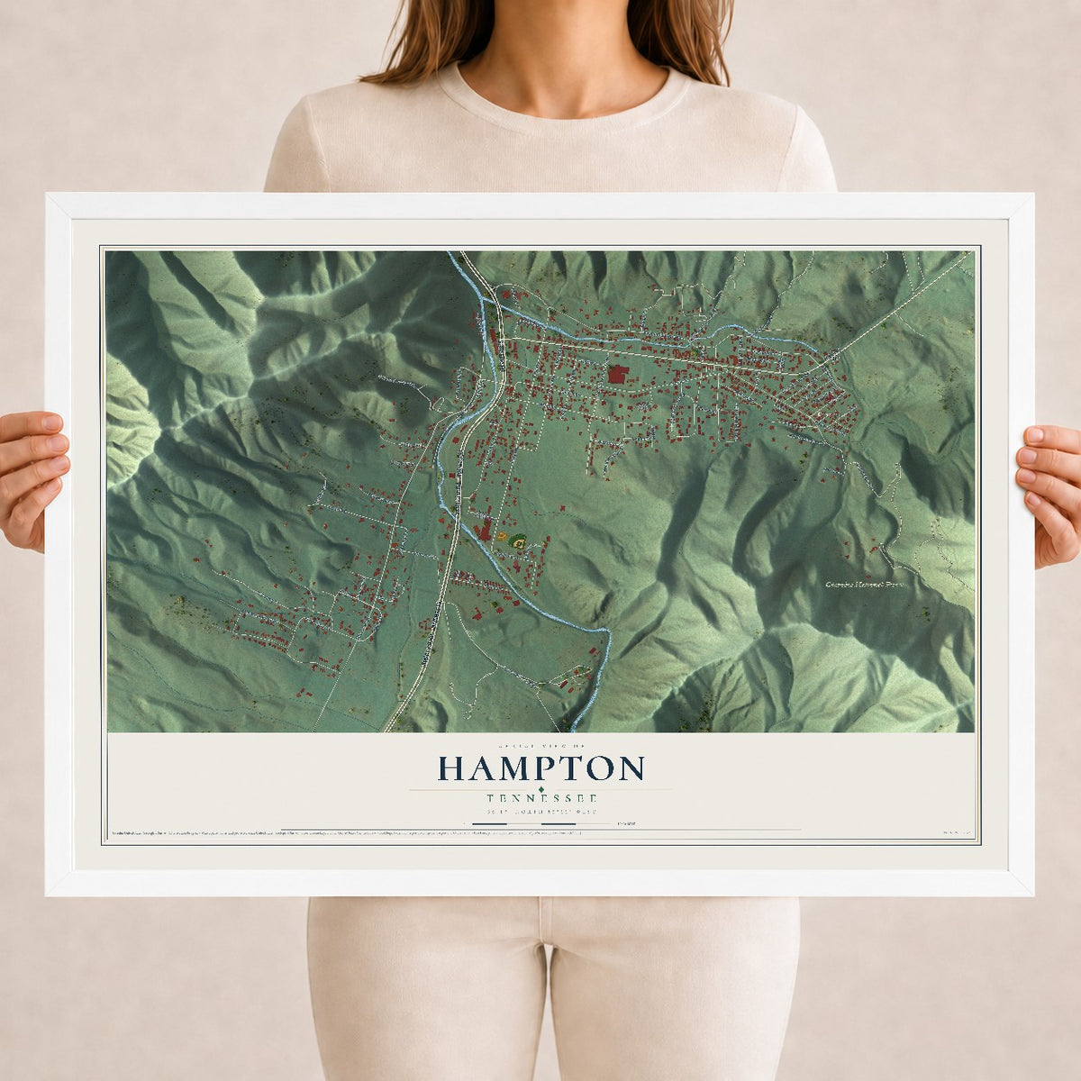 Map of Hampton, Tennessee, 18 x 24 inch print in a white wood frame