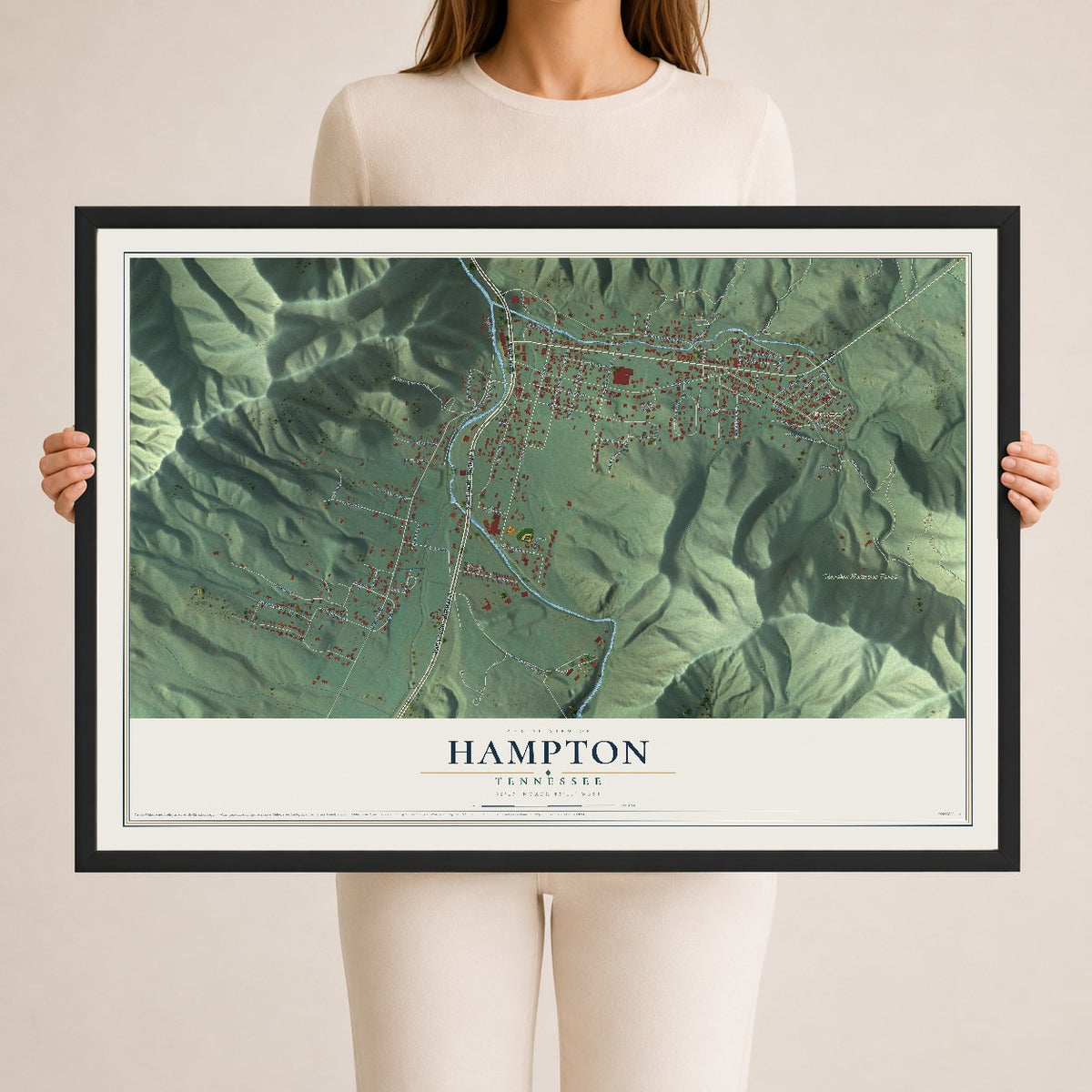Map of Hampton, Tennessee, 24 x 36 inch print in a black wood frame