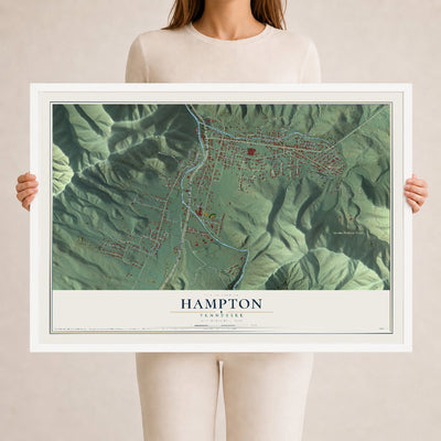 Map of Hampton, Tennessee, 24 x 36 inch print in a white wood frame