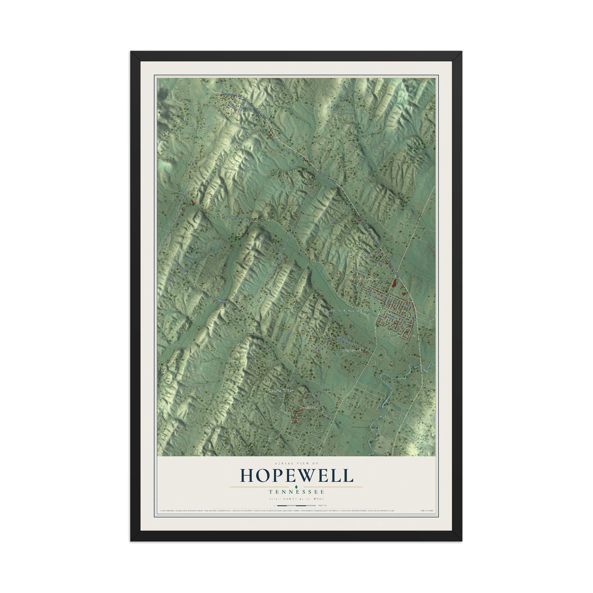 Map of Hopewell, Tennessee, 12 x 18 inch print in a black wood frame