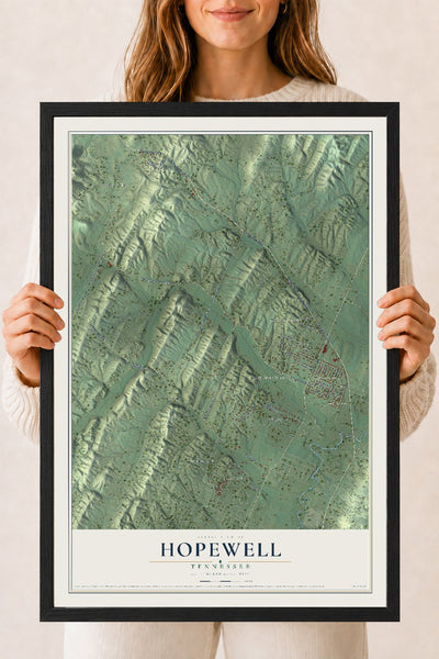 Map of Hopewell, Tennessee, 18 x 24 inch print in a black wood frame