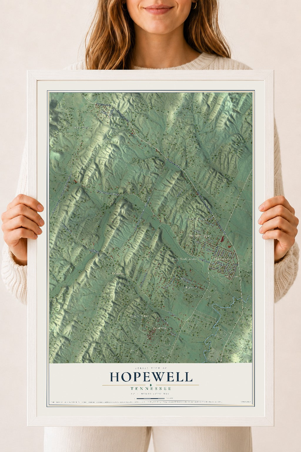 Map of Hopewell, Tennessee, 18 x 24 inch print in a white wood frame