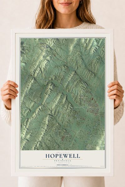 Map of Hopewell, Tennessee, 18 x 24 inch print in a white wood frame