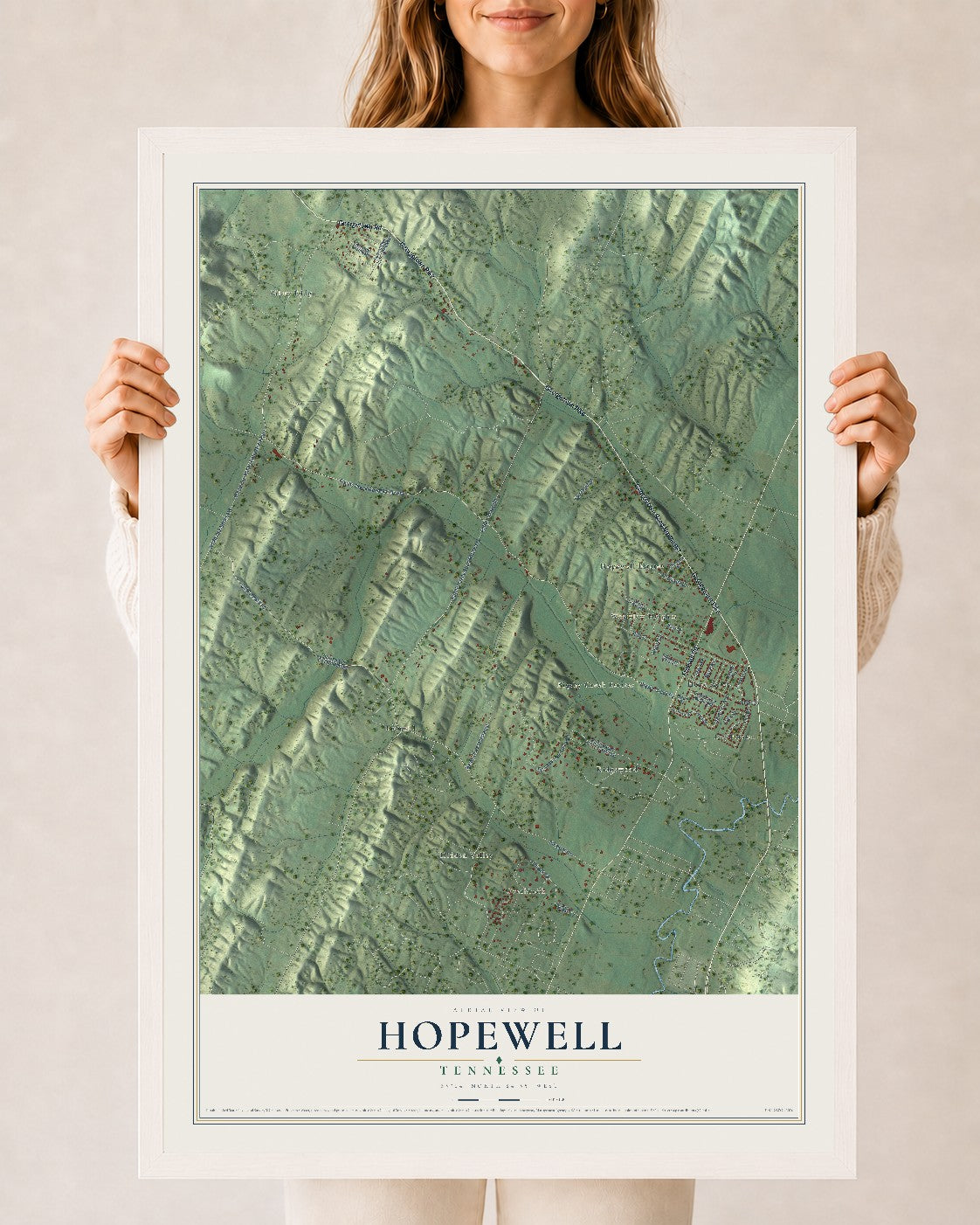 Map of Hopewell, Tennessee, 24 x 36 inch print in a white wood frame