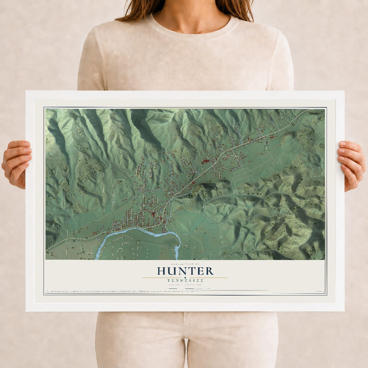 Map of Hunter, Tennessee, 12 x 18 inch print in a white wood frame