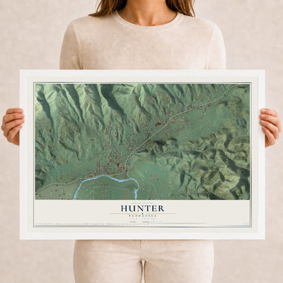 Map of Hunter, Tennessee, 12 x 18 inch print in a white wood frame