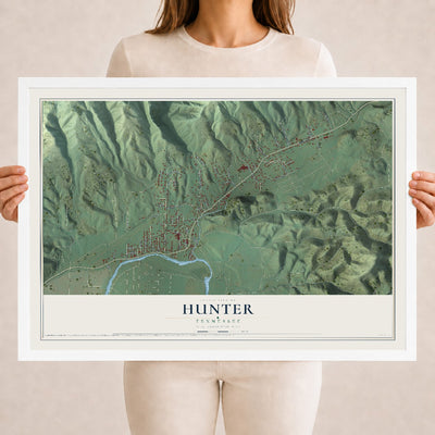 Map of Hunter, Tennessee, 18 x 24 inch print in a white wood frame