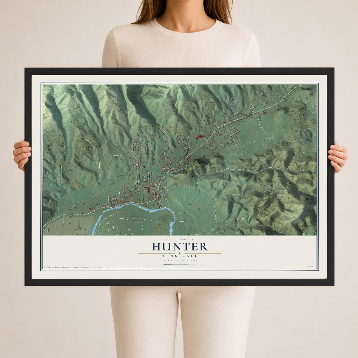 Map of Hunter, Tennessee, 24 x 36 inch print in a black wood frame