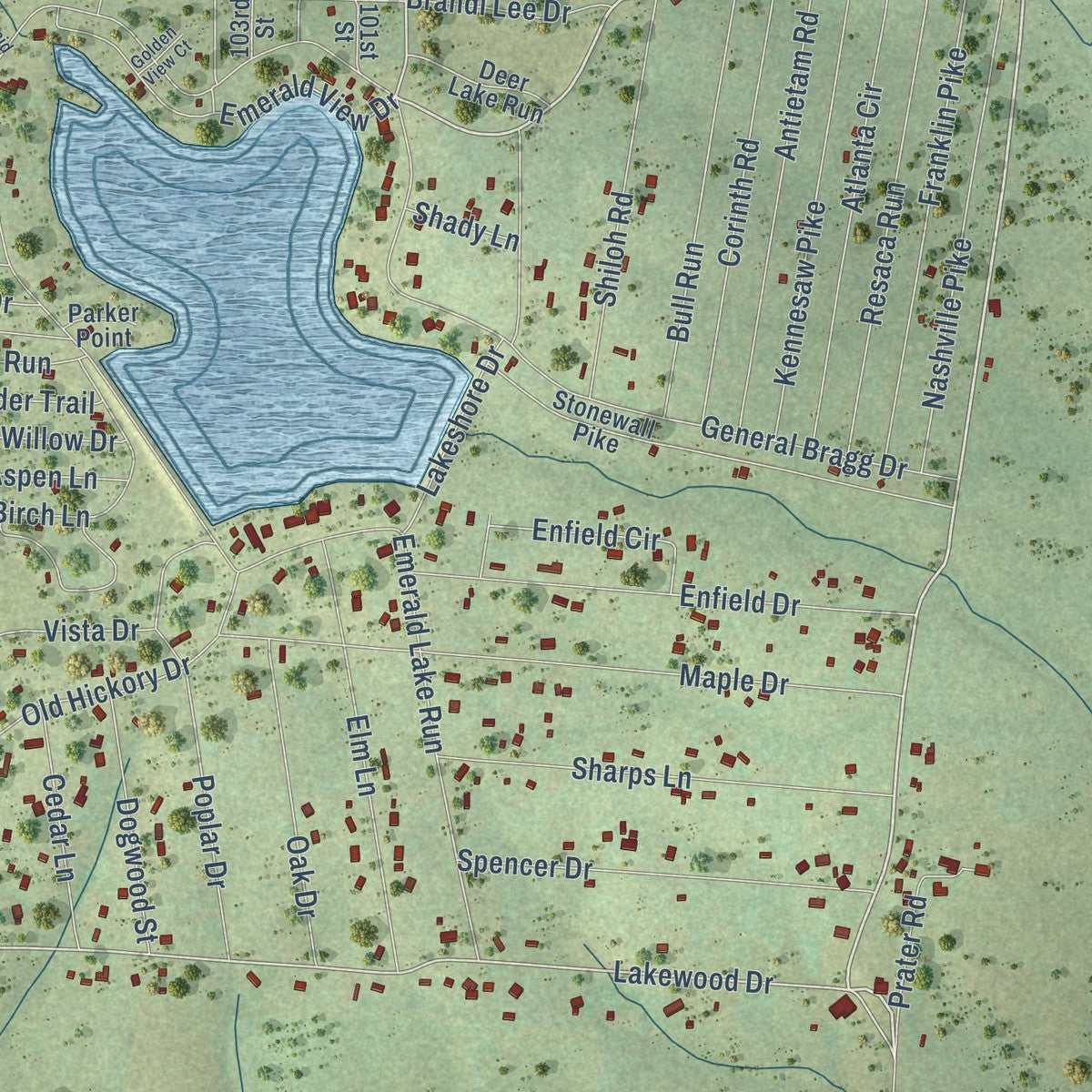 Close-up of the map of Lakewood Park, Tennessee print showing street and building detail