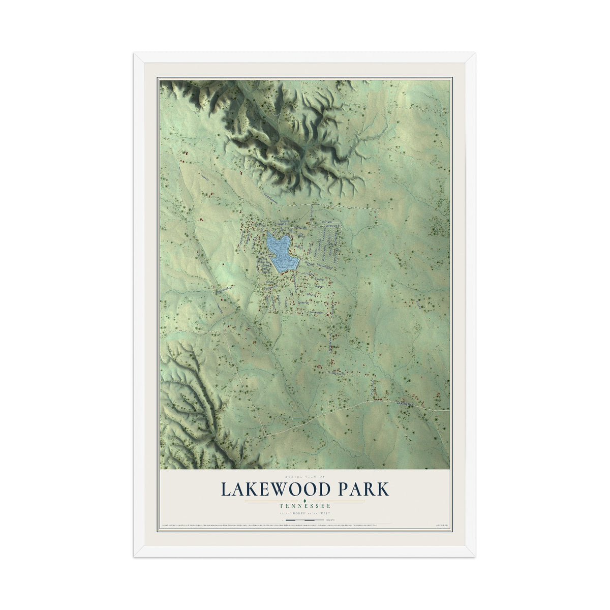 Map of Lakewood Park, Tennessee, 12 x 18 inch print in a white wood frame