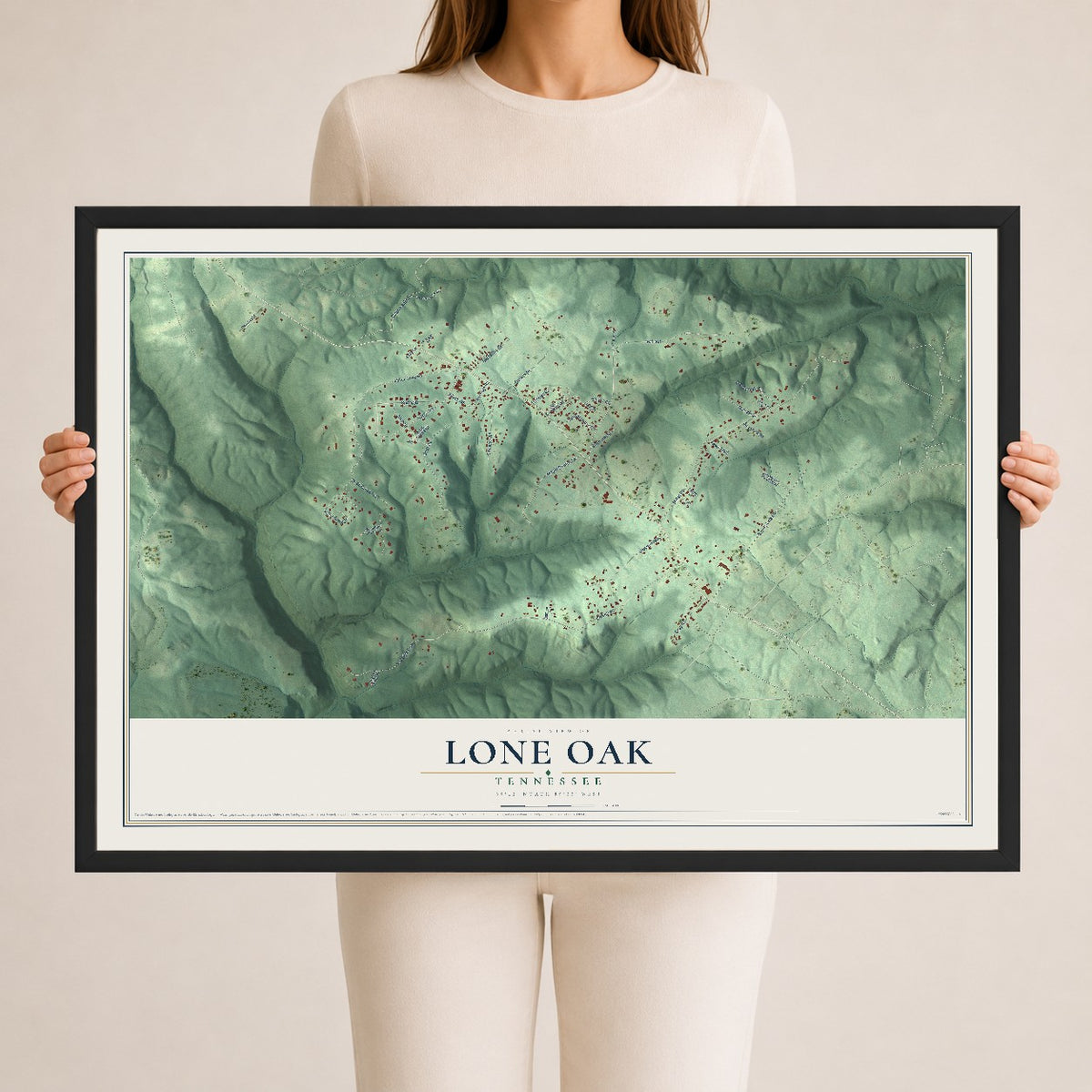 Map of Lone Oak, Tennessee, 24 x 36 inch print in a black wood frame